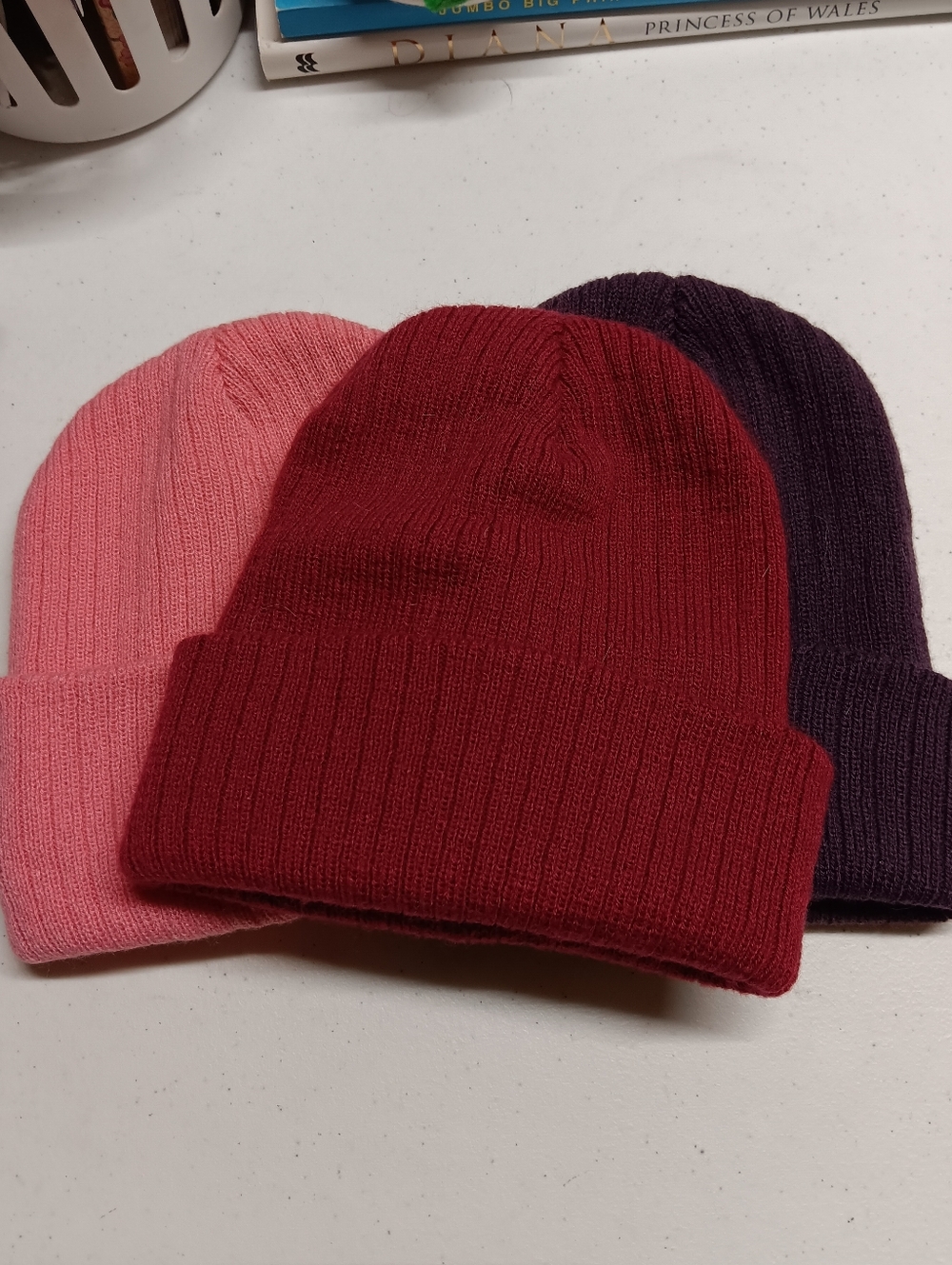 Set of Three Ribbed Knit Beanies - Red, Pink, Purple